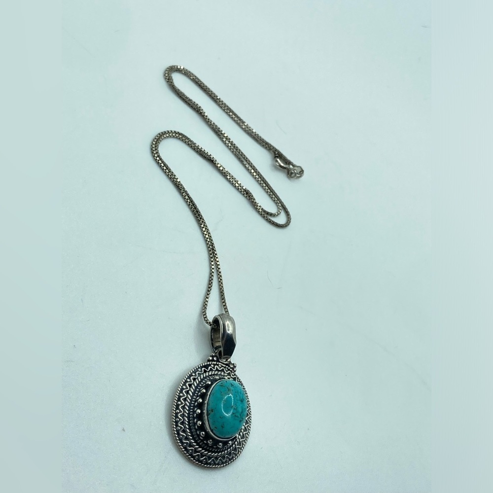 Vtg Sterling & Turquoise Oval Cabochon Pendant w Chain Boho Tribal / 18” + 1.6” - Picture 4 of 8